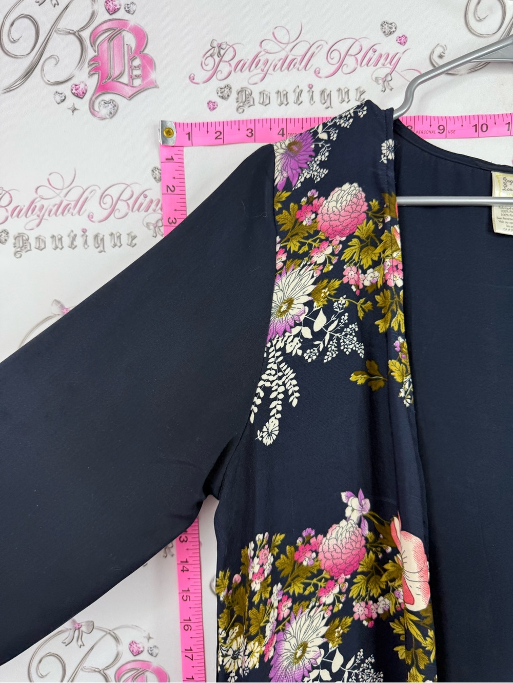 Japna Navy Floral Kimono Cardigan with Pink and Green Blooms - Picture 4 of 10